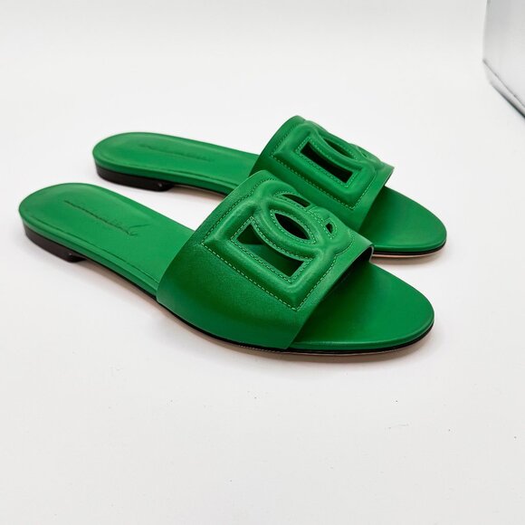 Dolce & Gabbana Bianca Calfskin Sliders with DG Logo in Green - Picture 1 of 10